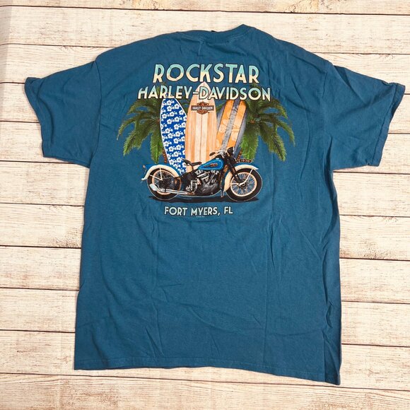 Vintage Harley Davidson Rockstar Fort Myers FL T-Shirt Size Large Blue Surfboard - Picture 2 of 11